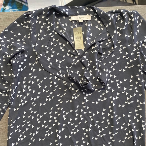 LOFT Gray Rooster Bow Tie Blouse - Picture 10 of 15